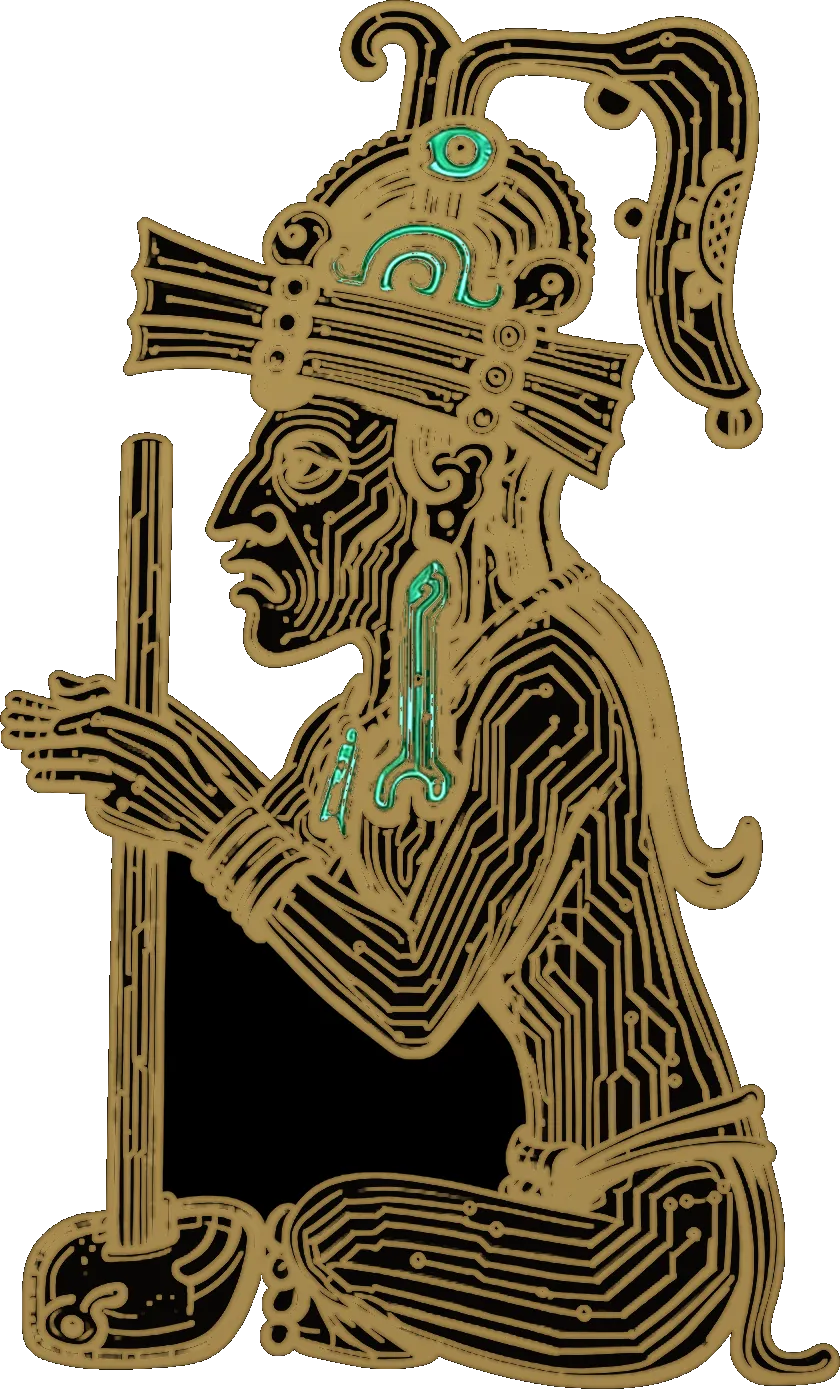 Itzam, Calmec's CTO: a seated Maya scribe in profile, in a banded headdress with a curled plume, holding a staff.