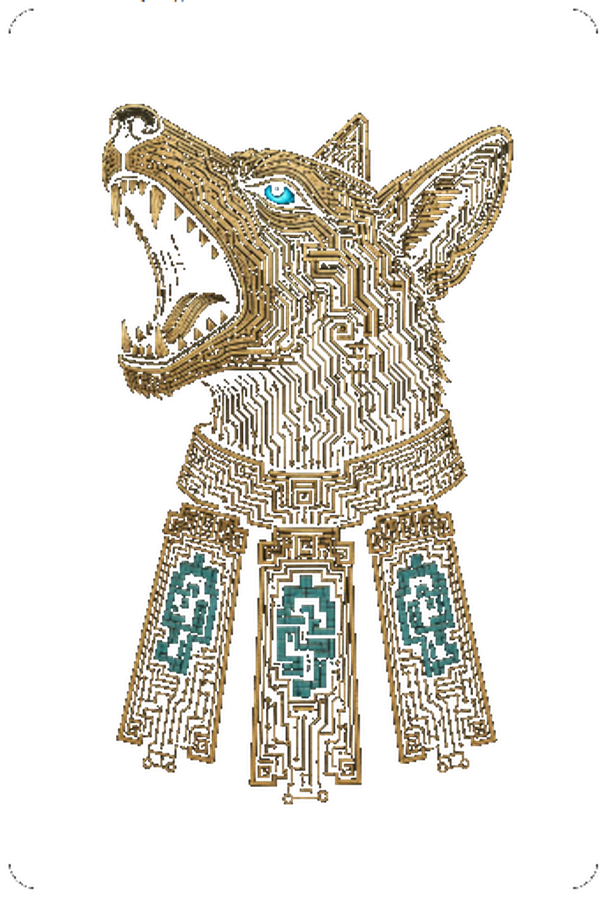 Netza, Calmec's distinguished engineer: a gold circuit-board coyote head with a teal eye and open mouth, wearing an ornate collar with three hanging circuit panels.