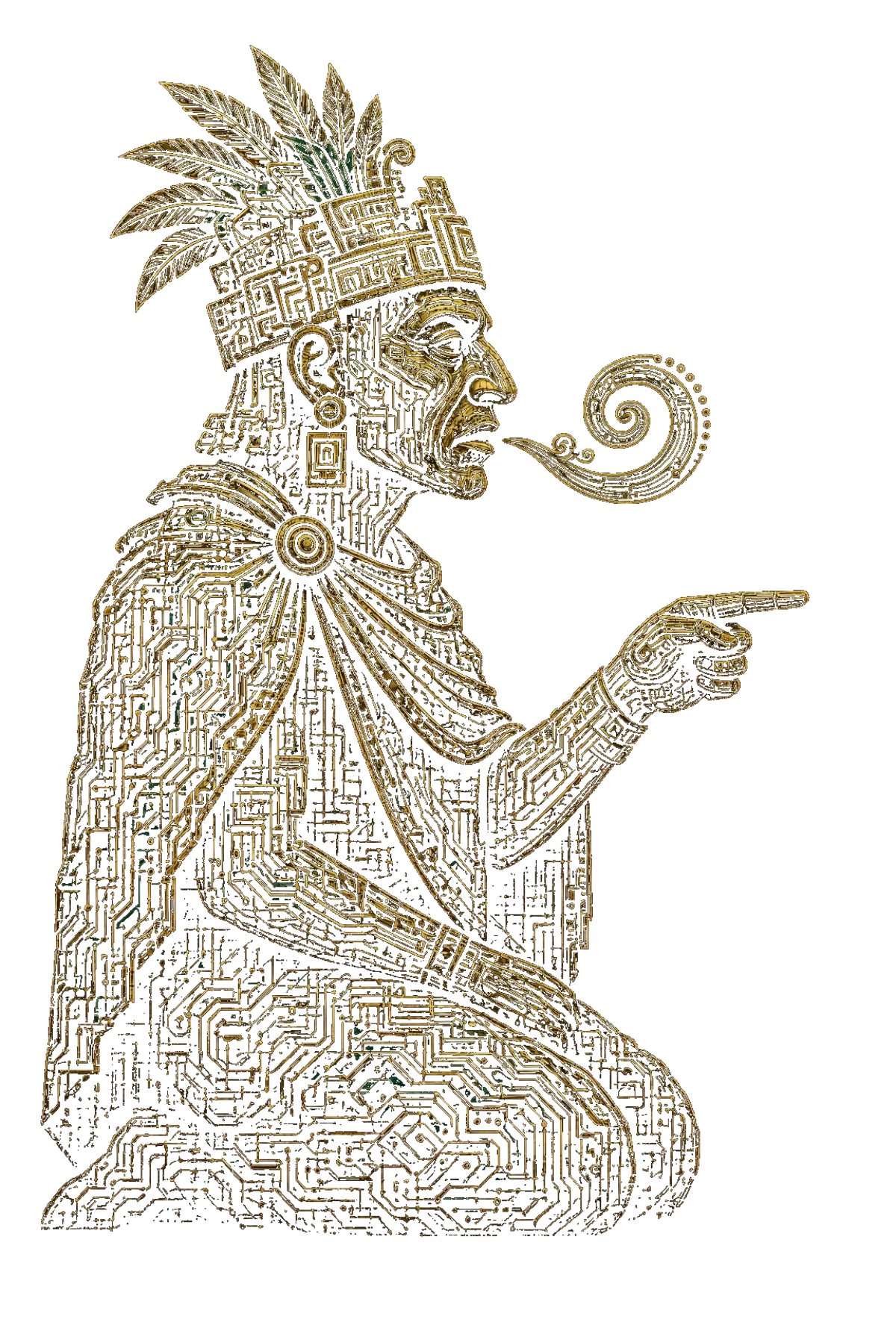 Tlamatini, Calmec's co-founder agent: a seated Aztec priest-scientist in profile, in a feathered headdress, pointing forward, with a speech scroll and gold circuit traces on his cloak.